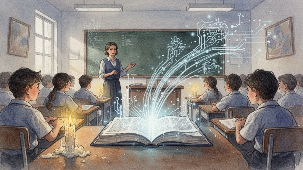 Aula con corriente de datos etéreos desde un libro, integración de IA en educación