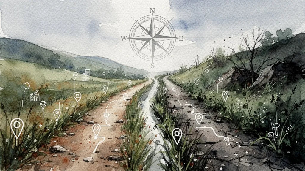 Dos caminos divergentes en un paisaje de acuarela, simbolizando diferentes ritmos de adopción de innovación entre sectores