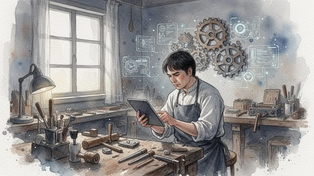 Craftsman using tablet in traditional workshop, symbolizing technology adoption in small businesses