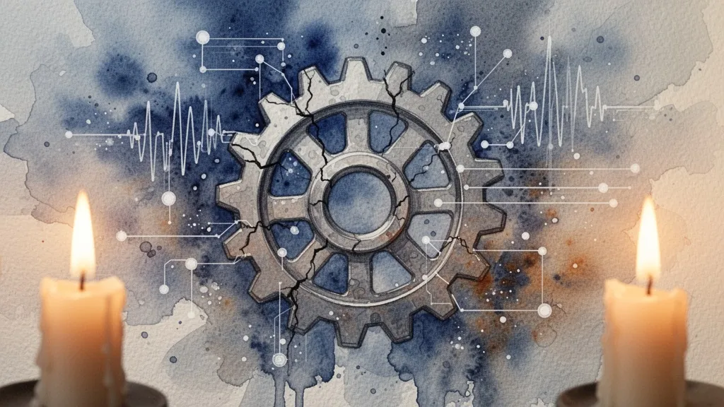 Industrial gear with sensor data overlay in watercolor style, predictive maintenance concept