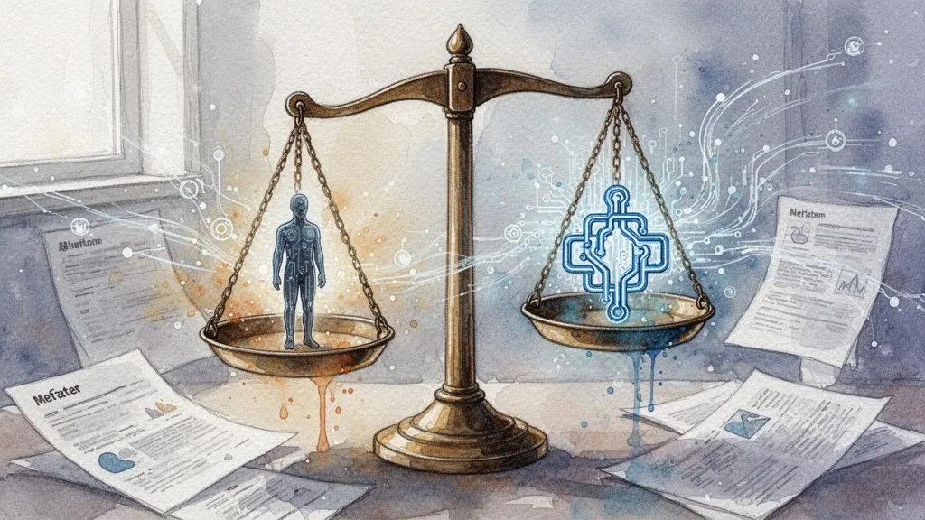 Acuarela de balanza con figura humana y algoritmo digital sobre documentos
