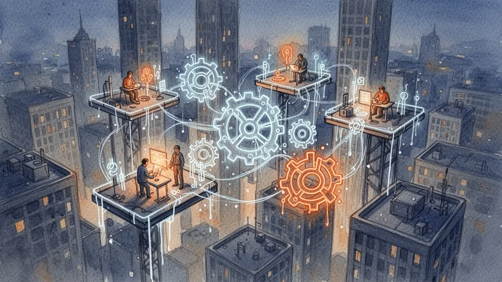 Vista aérea de ciudad con figuras humanas y líneas algorítmicas brillantes representando control laboral