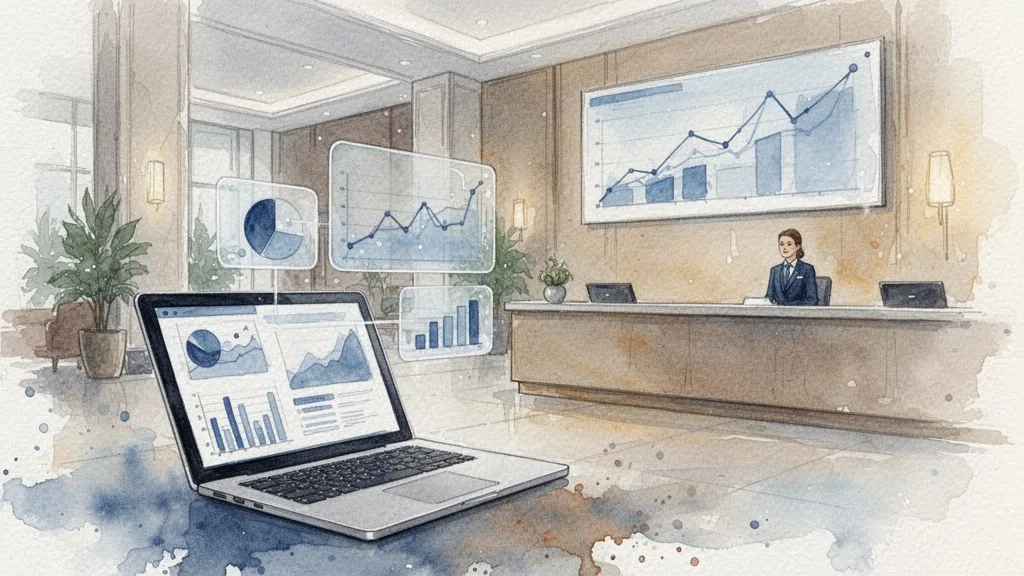 Ilustración acuarela de lobby de hotel con datos analíticos flotando sobre un portátil.