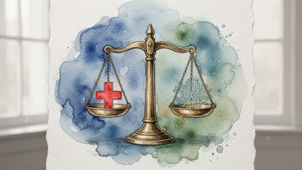 Acuarela de balanza de justicia con símbolo de ayuda humanitaria y circuitos digitales