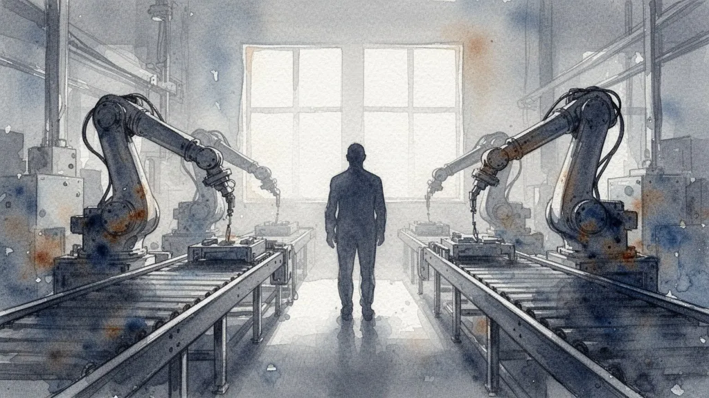 Abstract watercolor of automated factory with robotic arms and conveyor belts