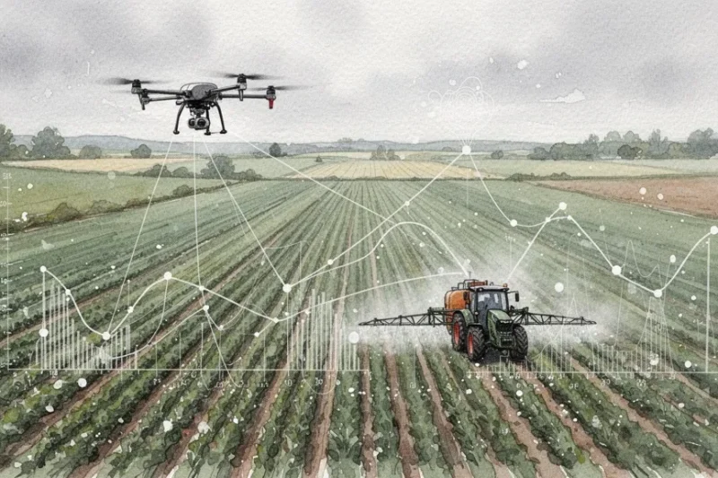 Vista aérea de un campo agrícola con drone y tractor automatizado por IA