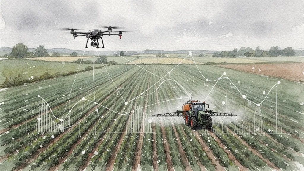 Vista aérea de un campo agrícola con drone y tractor automatizado por IA