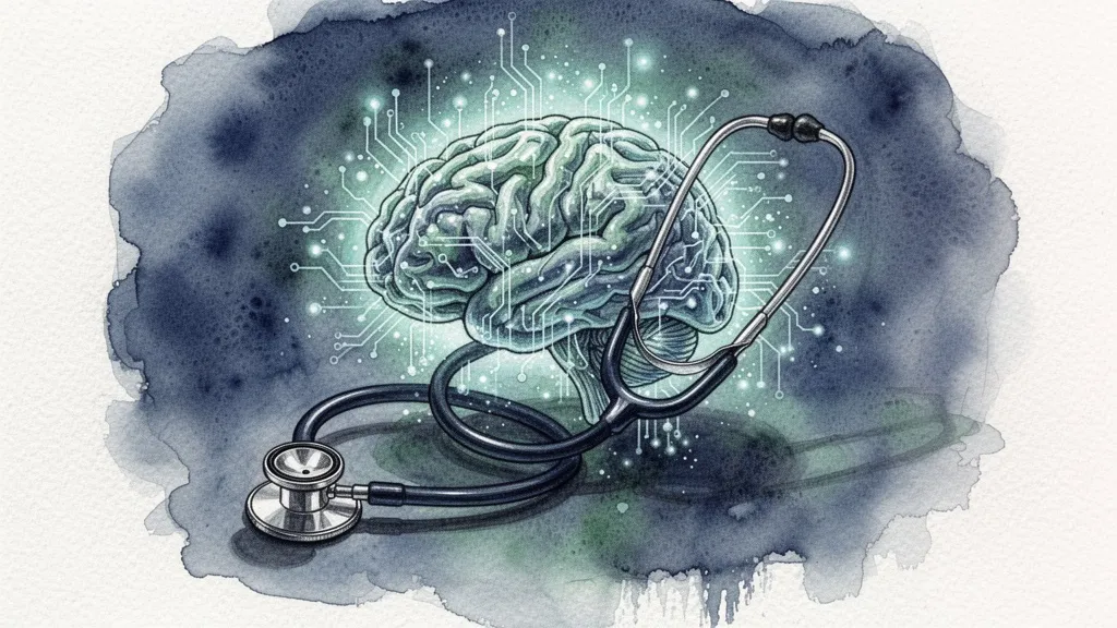 Acuarela que fusiona un estetoscopio con una red neuronal, simbolizando la IA en diagnóstico médico.