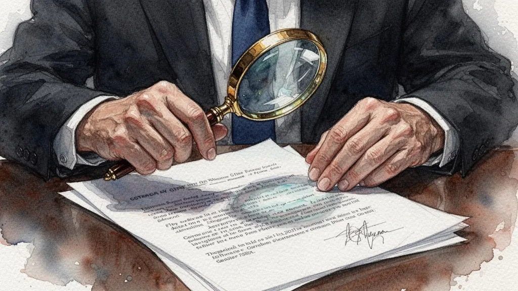 Manos de abogado revisando un contrato con lupa, acuarela tradicional