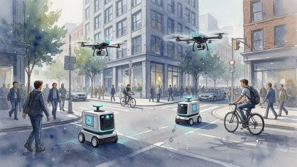 Acuarela de robots de reparto en calle urbana con luz suave