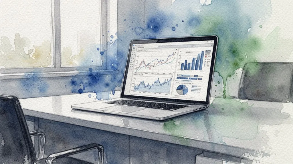 Watercolor illustration of financial AI implementation on laptop with graphs
