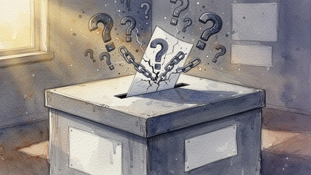 Acuarela de una urna electoral con signos de interrogación digitales y enlaces rotos