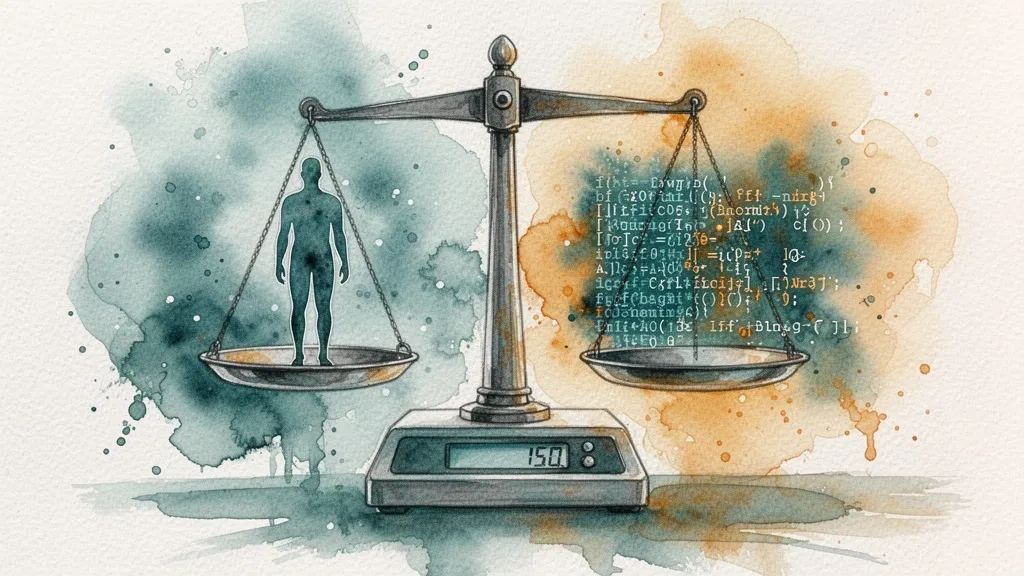 Watercolor scale balancing human rights and algorithmic code