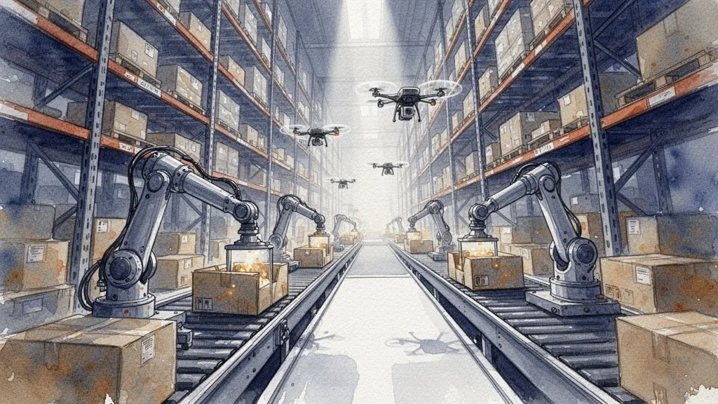 Vista panorámica de un almacén automatizado con brazos robóticos y drones en acuarela