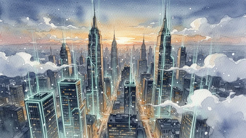 Vista aérea de ciudad con edificios que crecen como flujos de datos, acuarela texturizada con luz neón.