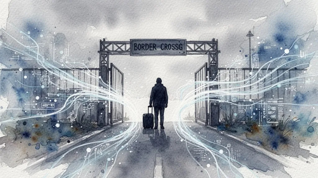 Watercolor digital border with algorithm symbols and traveler silhouette