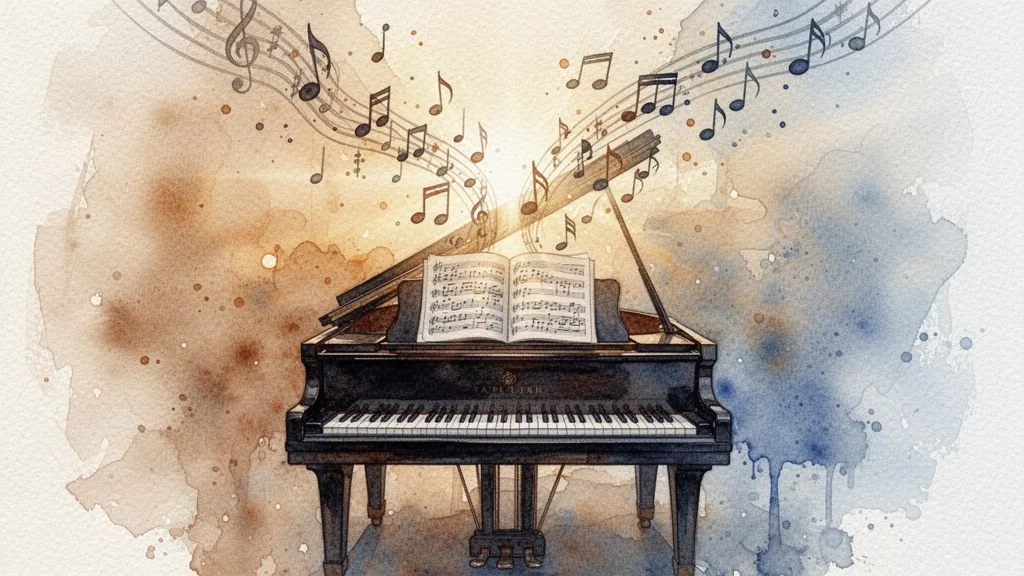 Acuarela abstracta de un piano con partituras flotando y notas musicales
