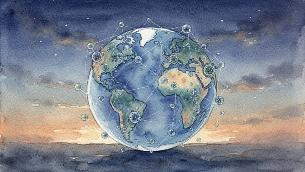 Watercolor globe with disease cluster dots and network lines symbolizing digital epidemiology
