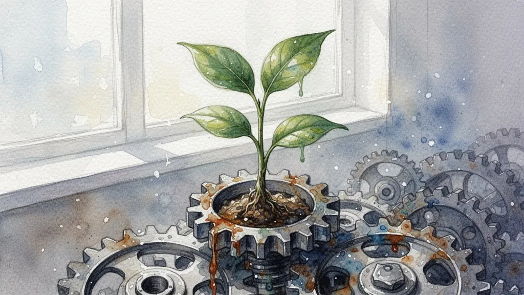 Acuarela de planta creciendo de engranaje, símbolo de innovación y escalado en pymes