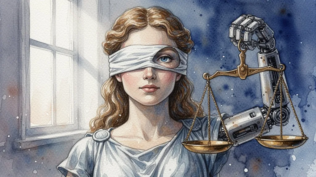 Alegoría de la justicia algorítmica en acuarela con figura ciega parcialmente y balanza robótica