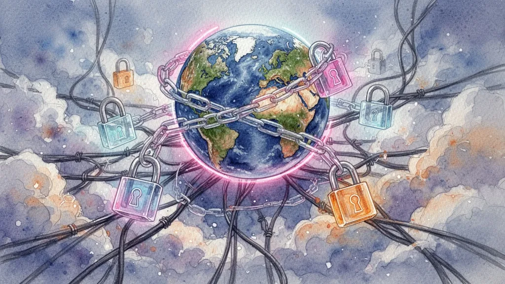 Globo terráqueo con cadenas y candados sobre fondo de redes digitales, representando conflictos de soberanía de datos.