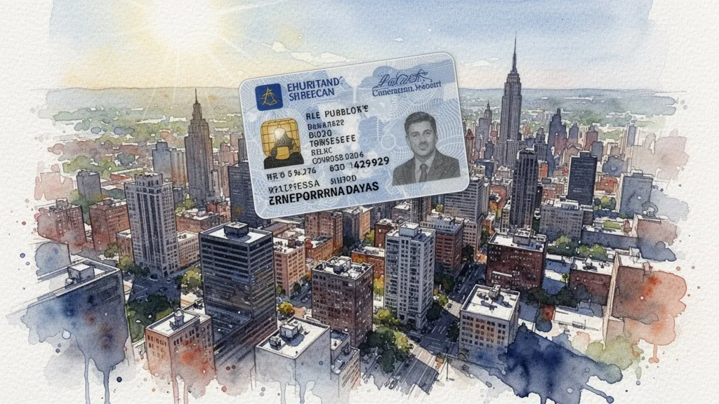 Ilustración en acuarela de una ciudad con una identidad digital sobreimpuesta, vista aérea