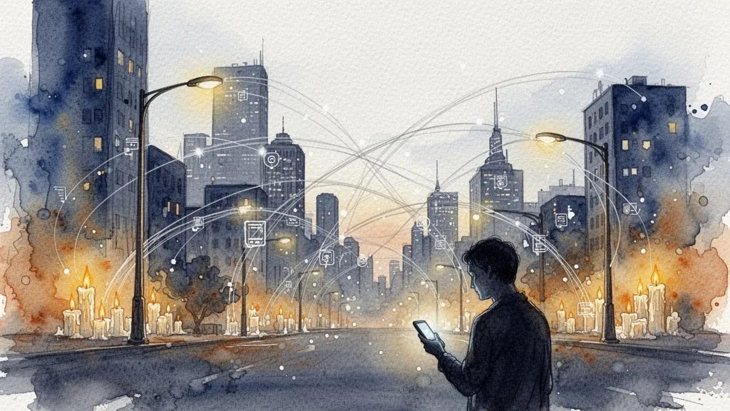 Acuarela abstracta de ciudad inteligente con flujos de datos silenciosos al anochecer