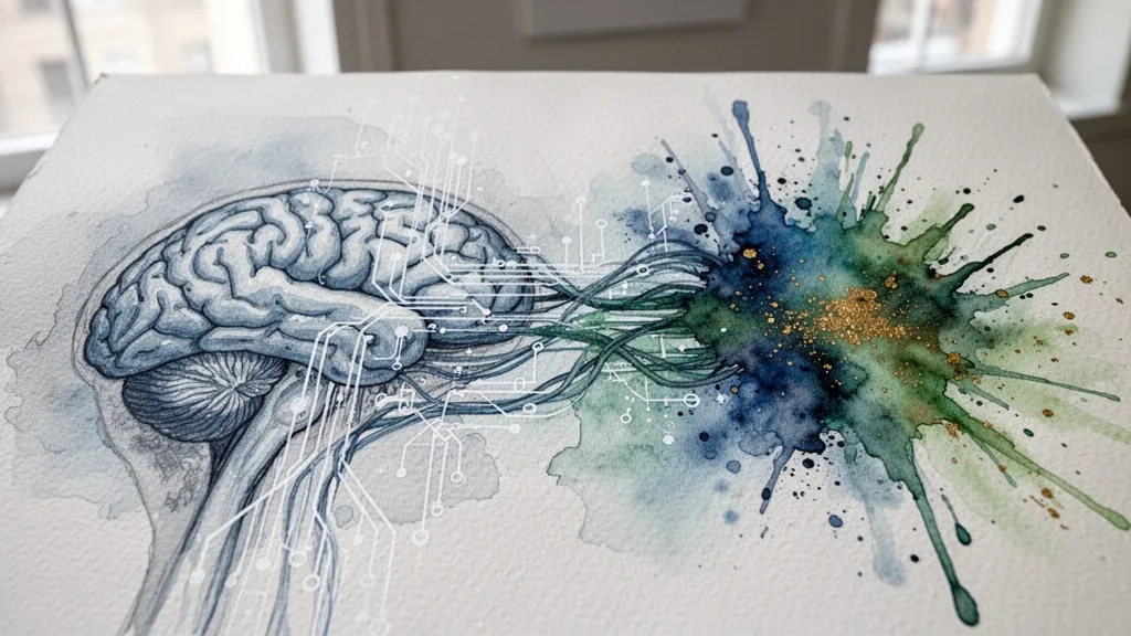 Watercolor brain with data streams merging into creative paint splash