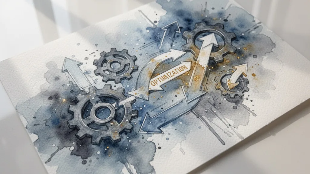 Abstract watercolor illustration of gears and arrows representing process optimization and business scaling