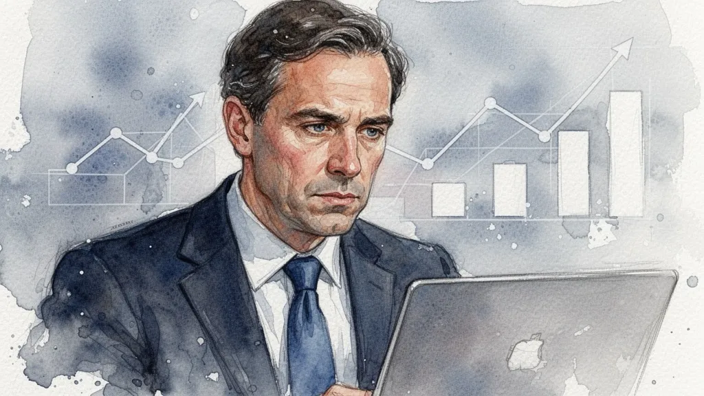 Empresario reflexivo frente a laptop con acuarela suave