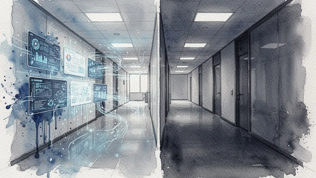 Corredor corporativo con dos caminos divergentes, uno iluminado por analítica y otro oscuro