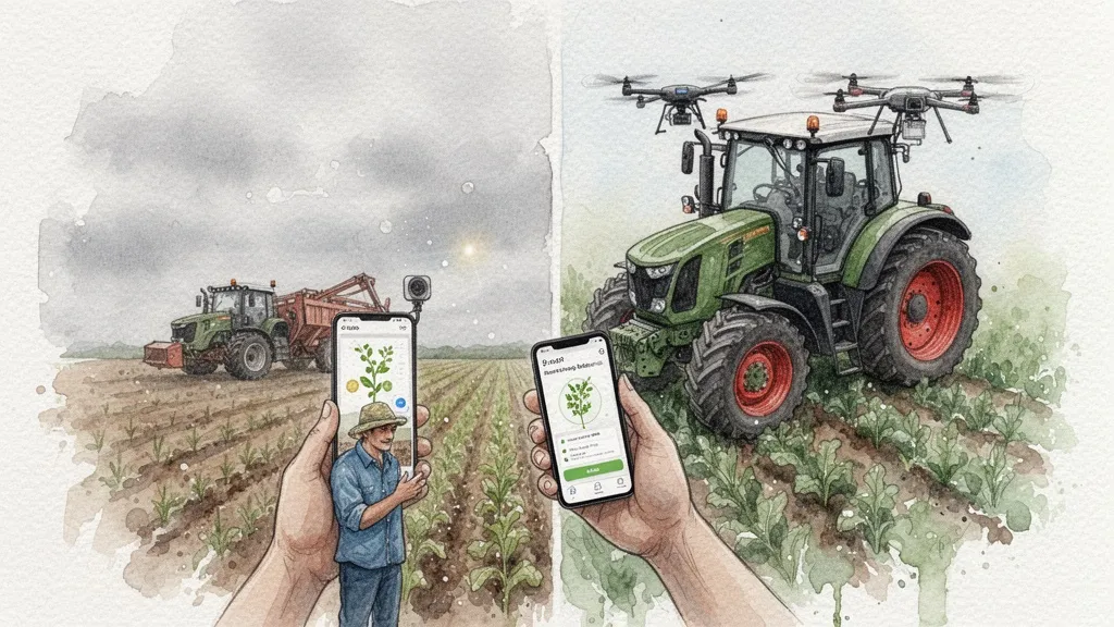 Agricultor con smartphone y tractor moderno contrastando tecnologías
