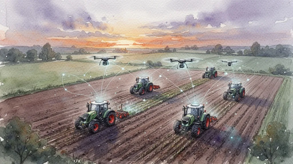 Vista aérea de tractores y drones autónomos trabajando en campo al atardecer