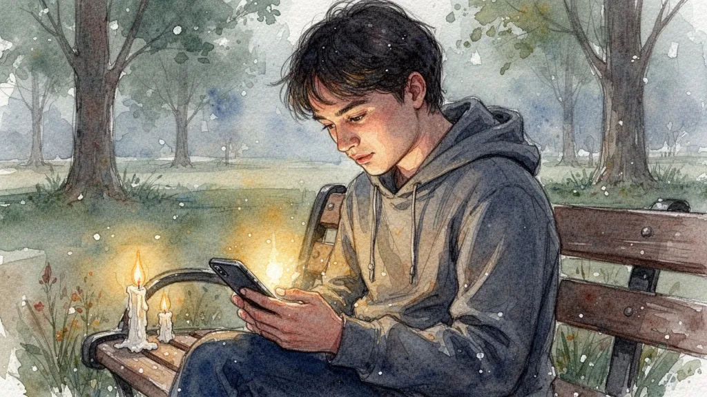Person sitting alone on bench using smartphone for mental health support