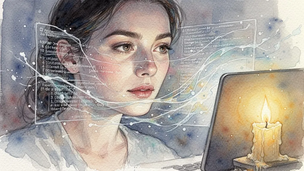 Woman face illuminated by computer screen with abstract data lines