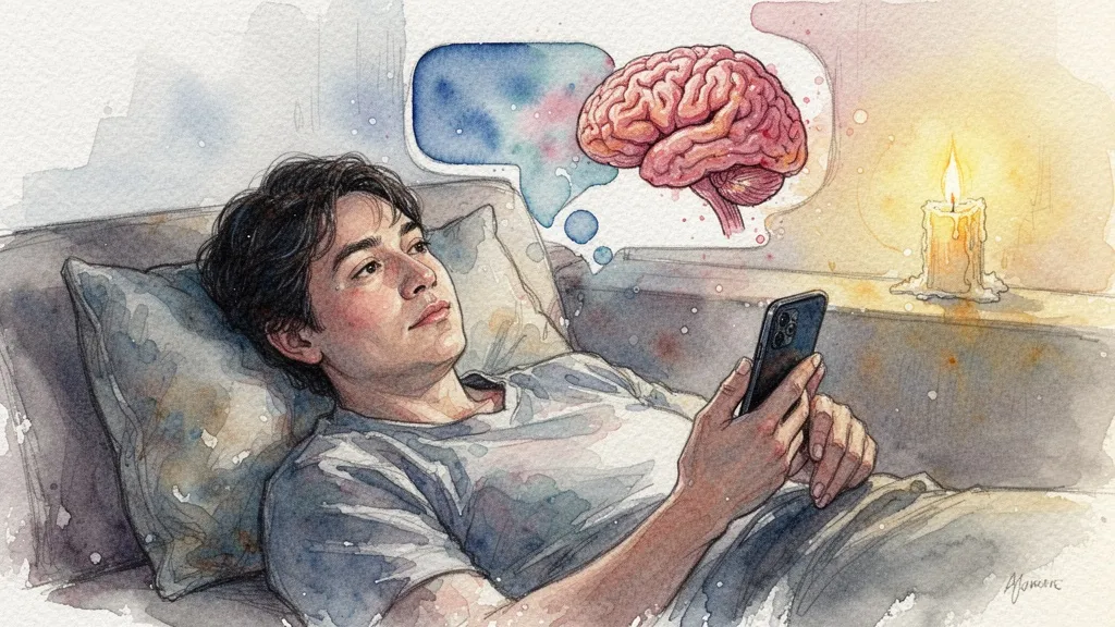 Person lying on sofa using smartphone with abstract chat bubble and brain