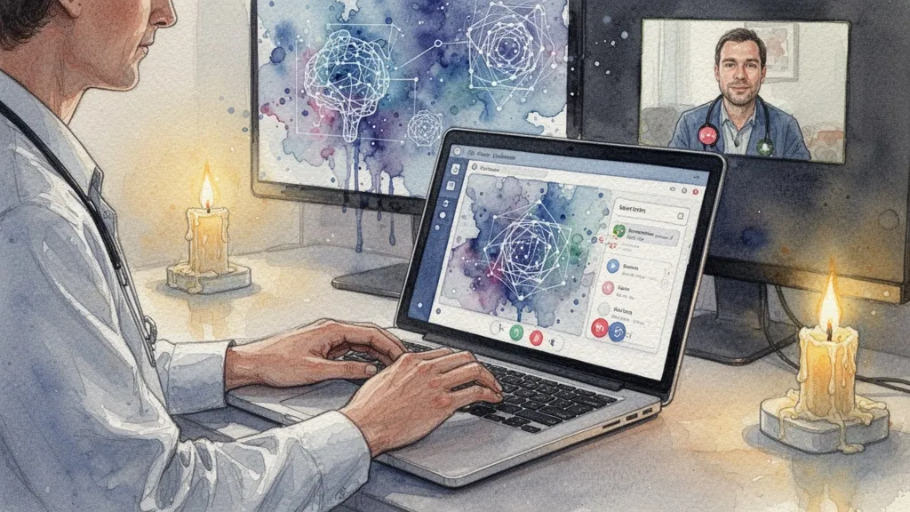 Therapist typing on laptop with video call screen and AI analytics