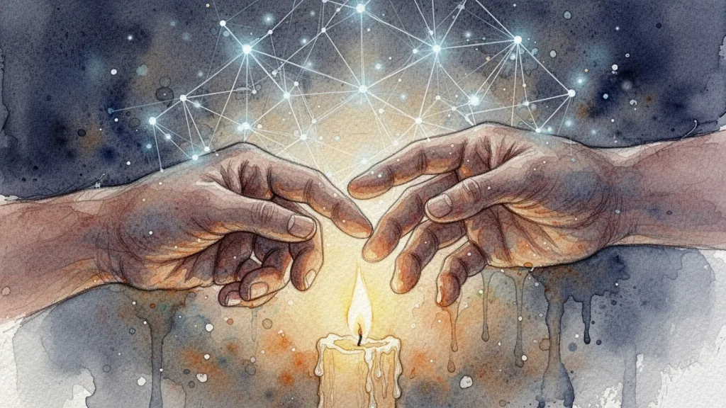 Two hands reaching towards each other with digital network in background