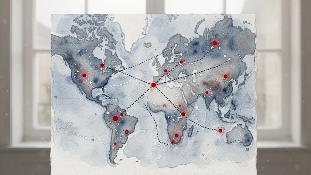 Acuarela de mapa con rutas punteadas y marcas rojas de exclusión algorítmica