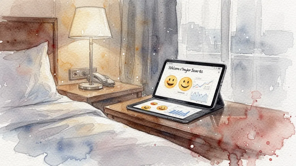 Acuarela de habitación de hotel con tableta mostrando un mensaje de bienvenida personalizado.