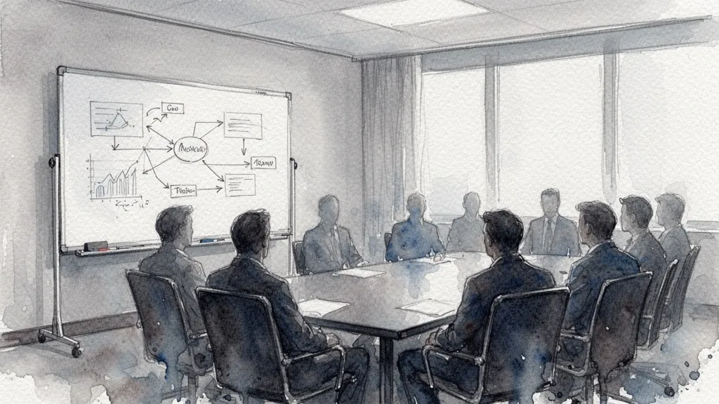 Acuarela de sala de reuniones de hotel con pizarra llena de diagramas de datos.