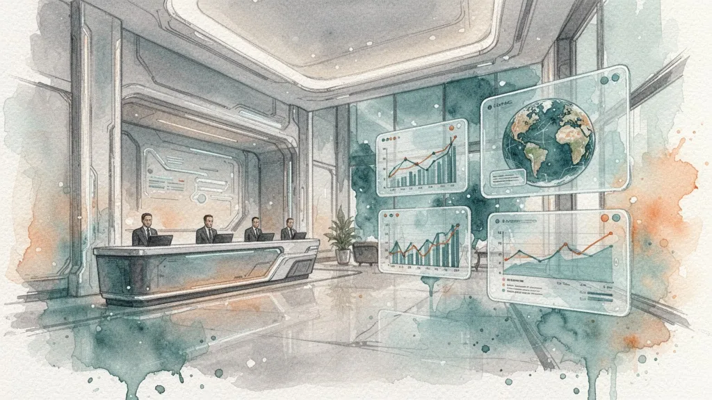 Acuarela de lobby de hotel futurista con paneles de datos flotantes transparentes.
