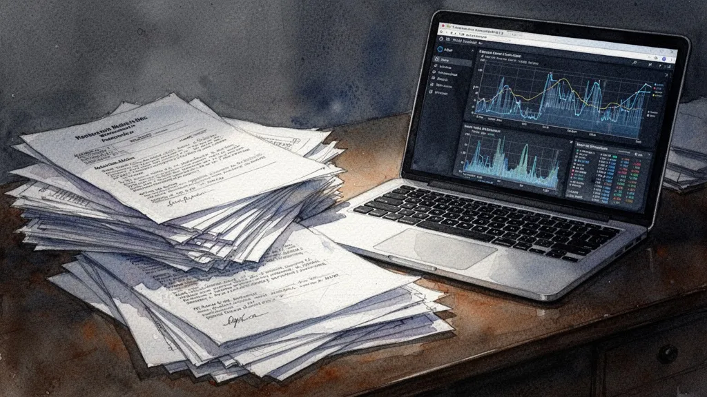 Escritorio abarrotado de documentos legales y portátil con IA