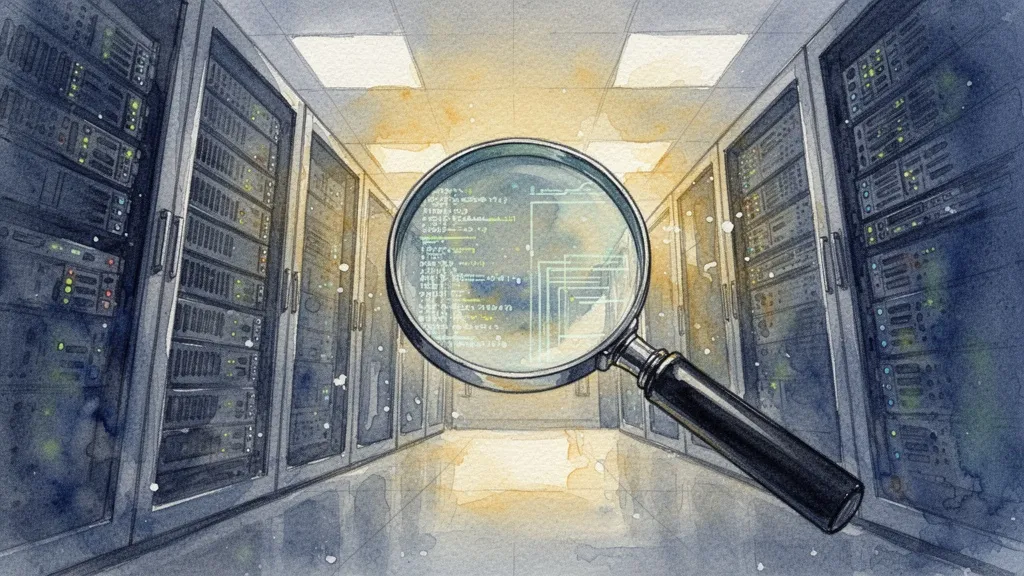 Lupa sobre servidores y datos, simbolizando auditoría de datos y transparencia.