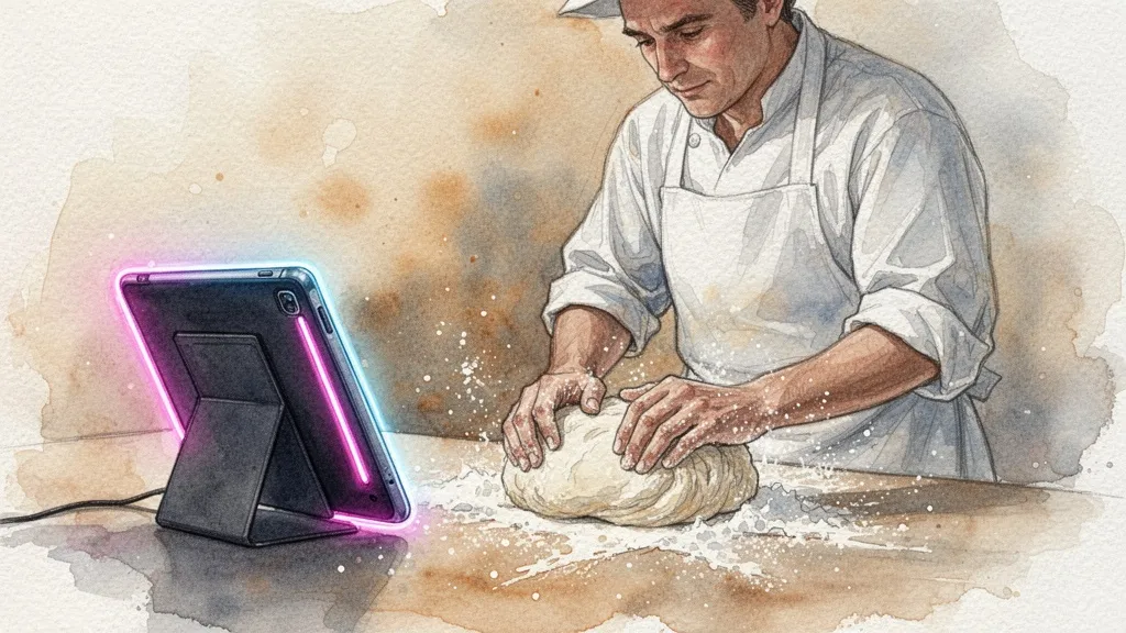 Watercolor of baker using tablet while kneading dough blending tradition and tech