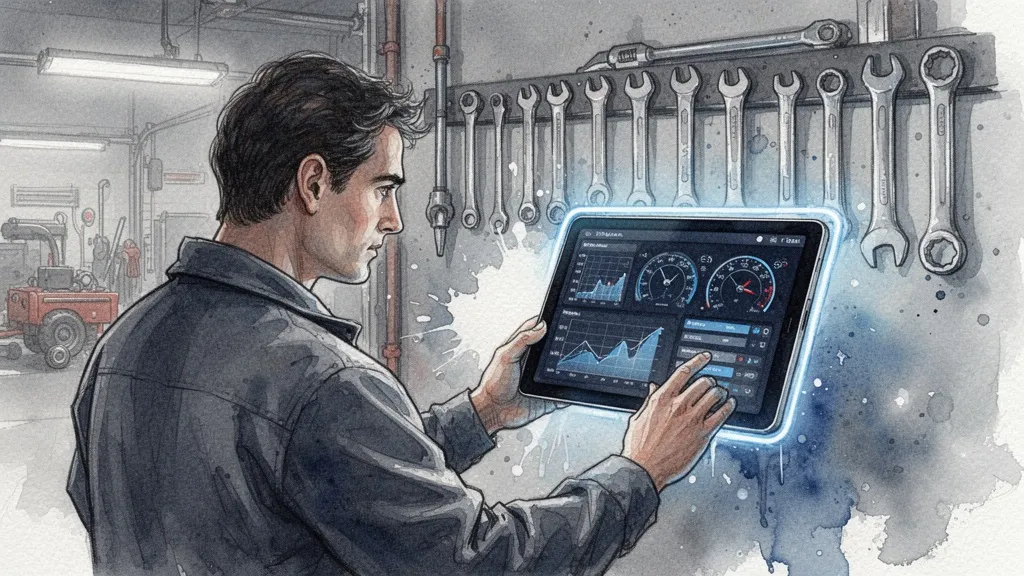 Watercolor of mechanic reviewing analytics on tablet in garage workshop