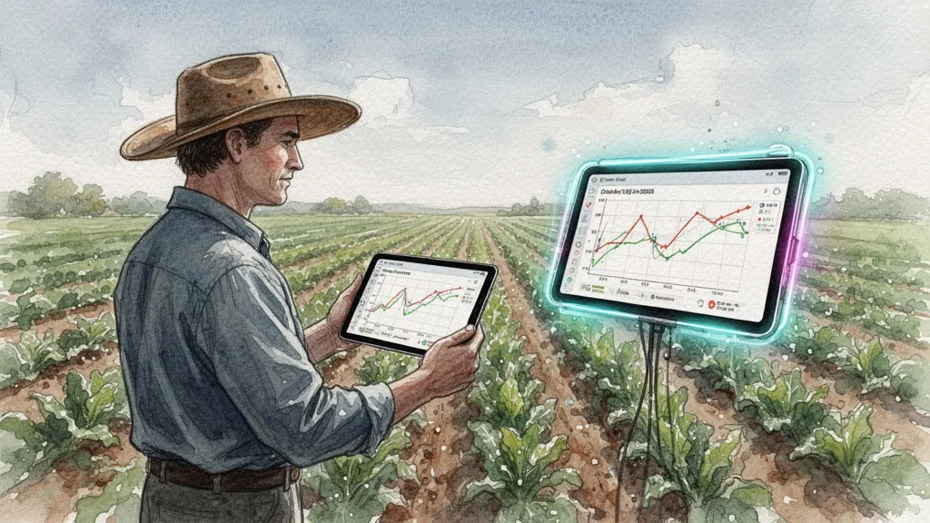 Watercolor of farmer analyzing crop data on tablet in agricultural field
