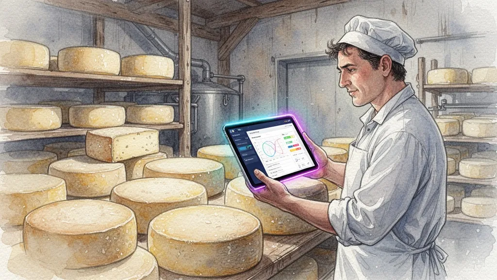 Watercolor of cheesemaker using tablet for traceability in dairy