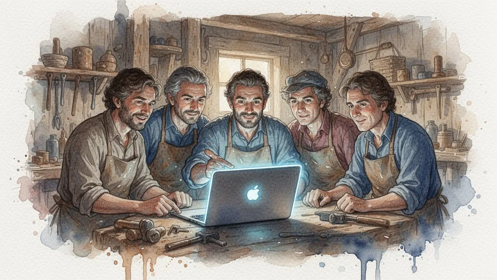 Watercolor of artisans learning software together in workshop
