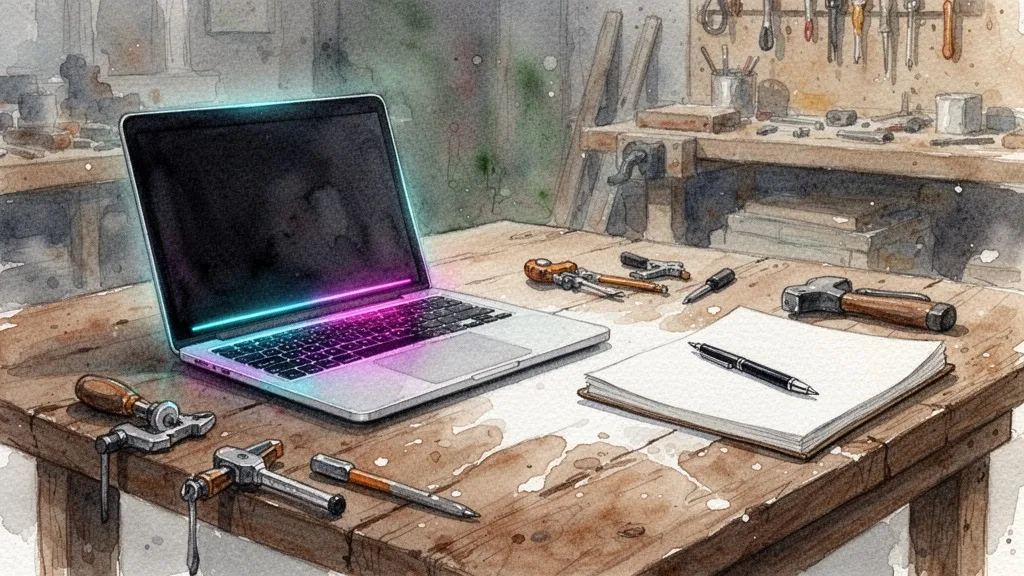Watercolor of laptop and notebook on artisan worktable symbolizing strategy and software